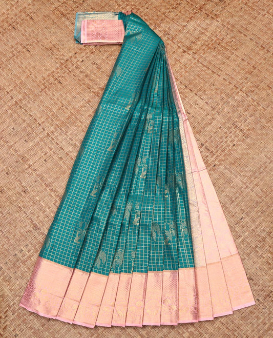 Green Budget Silk Saree, Elevated with Zari Buttas and Checks, Complemented by Contrast Traditional Zari Border, Intricate Pallu, and Contrast Blouse