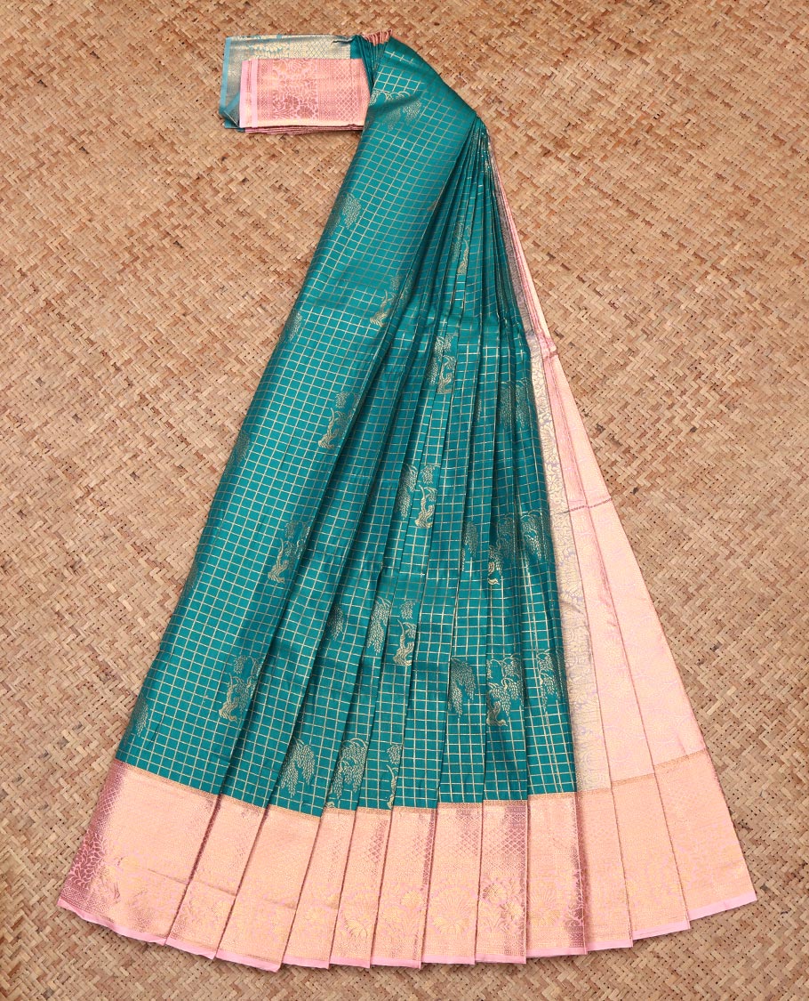 Green Budget Silk Saree, Elevated with Zari Buttas and Checks, Complemented by Contrast Traditional Zari Border, Intricate Pallu, and Contrast Blouse