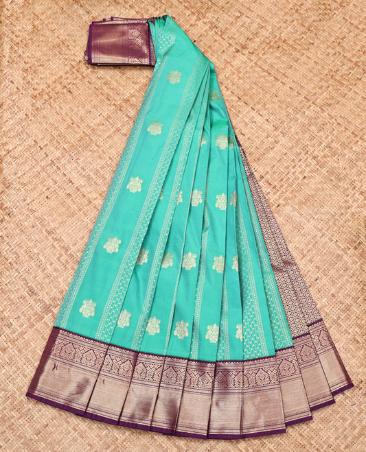 Blue Budget Silk Saree, Majestically Detailed with Zari Buttas and Stripes, Complemented by a Contrast Traditional Border, Grand Pallu, and Contrast Blouse