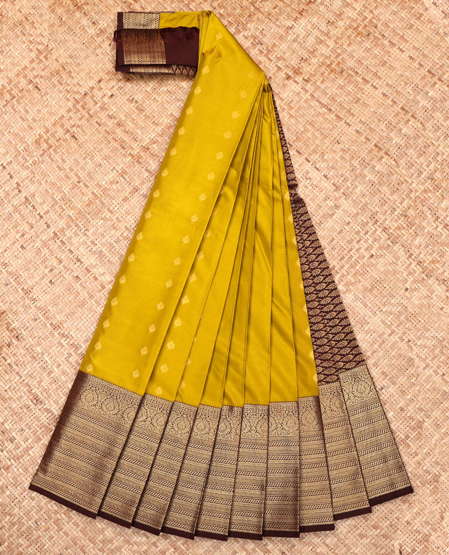 Mustard Budget Silk Saree, Sparsely Woven with Zari Buttas, Complemented by a Contrast Traditional Zari Border, Grand Pallu, and a Contrast Blouse