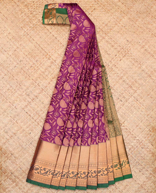 Purple Budget Silk Saree, Elevated with Floral Jacquard Design, Complemented by Contrast Traditional Zari Border, a Jaal Pallu and a Contrast Blouse