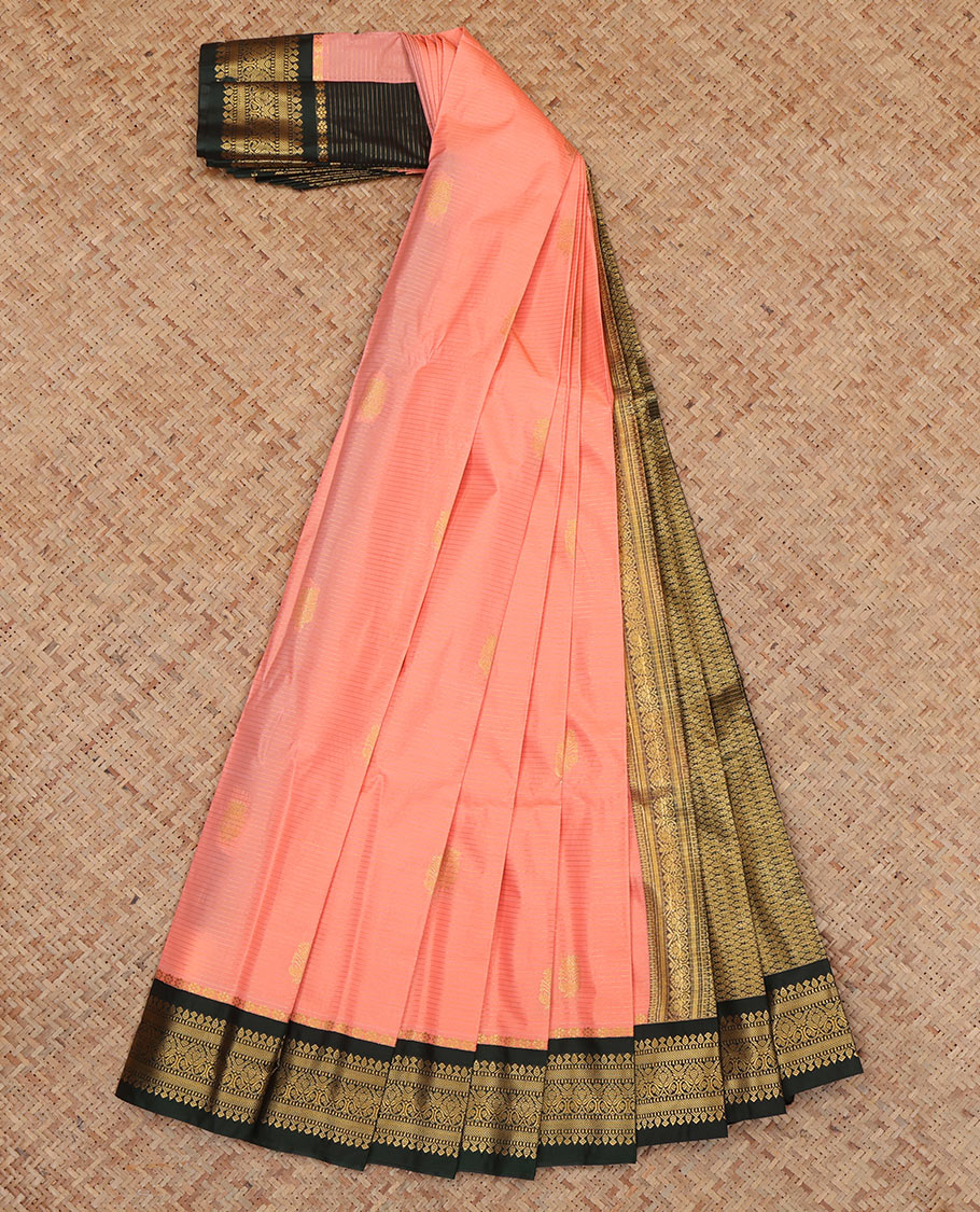 Pink Budget Silk Saree, Graced with Zari Buttas and Stripes, Complemented by Contrast Traditional Zari Border, a Jaal Pallu and a Contrast Blouse