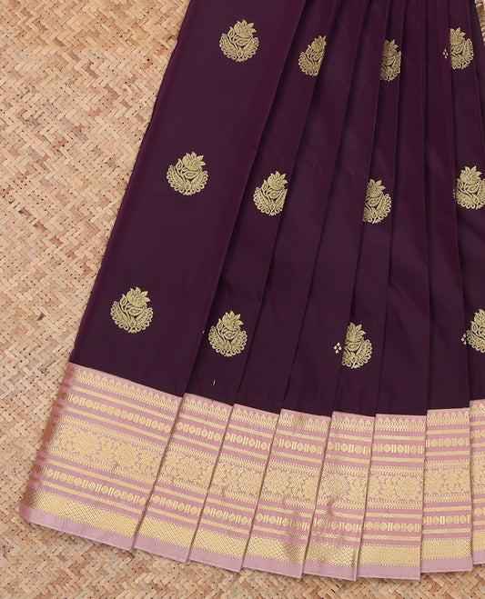 Wine Budget Silk Saree, Finely Crafted with Zari Buttas, a Contrast Traditional Zari Border, Geometric Pallu, and a Contrast Blouse