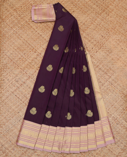 Wine Budget Silk Saree, Finely Crafted with Zari Buttas, a Contrast Traditional Zari Border, Geometric Pallu, and a Contrast Blouse