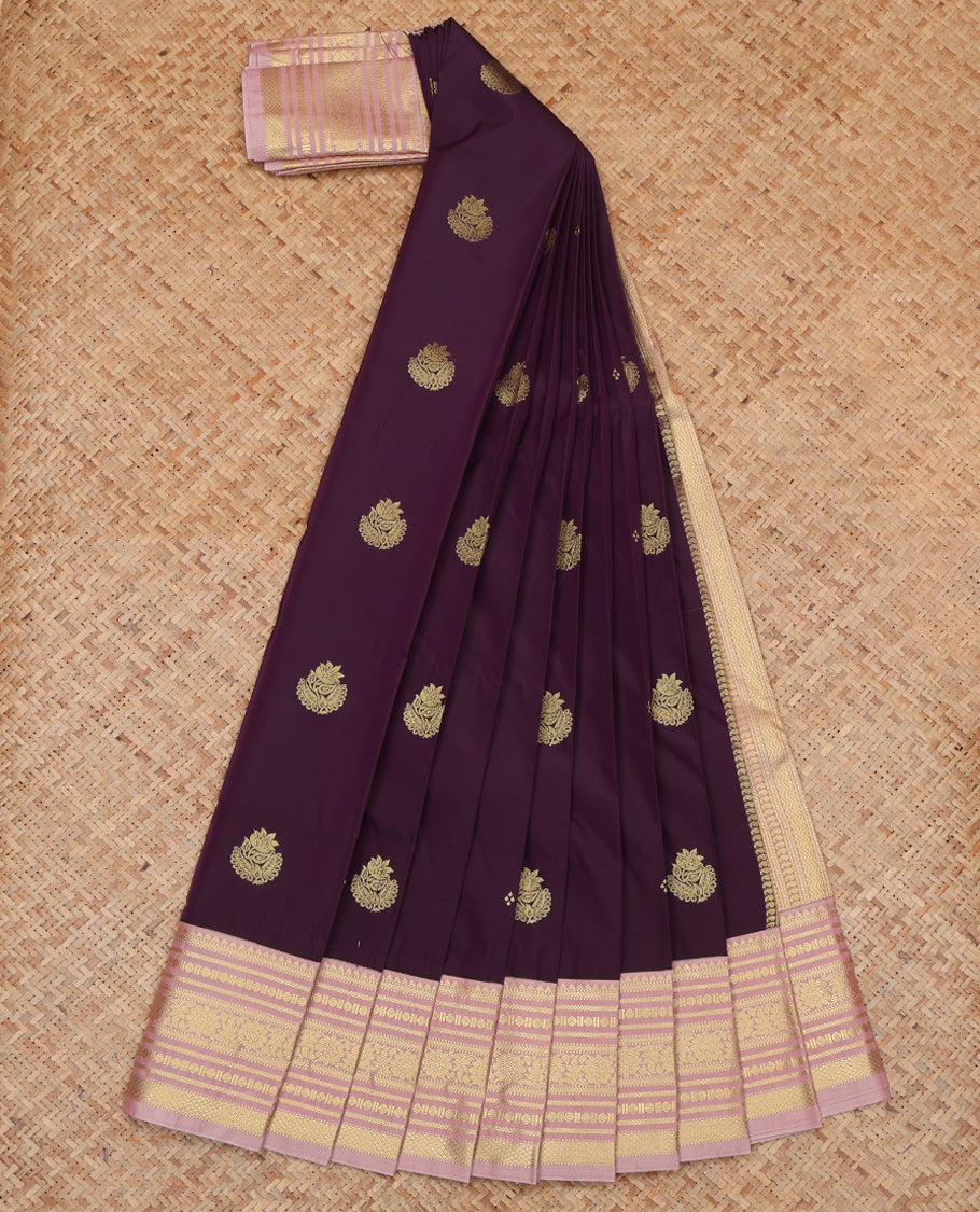 Wine Budget Silk Saree, Finely Crafted with Zari Buttas, a Contrast Traditional Zari Border, Geometric Pallu, and a Contrast Blouse
