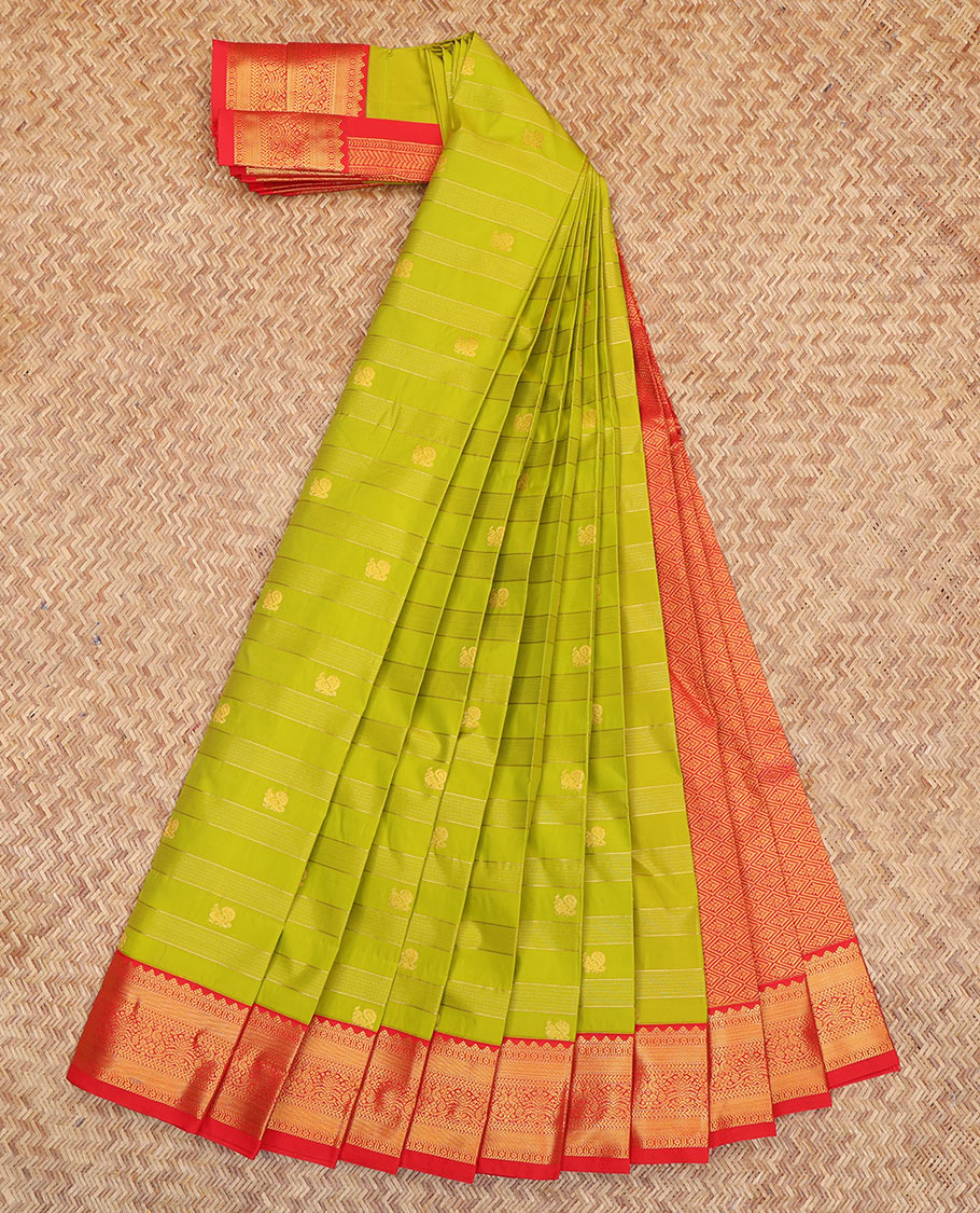 Parrot Green Budget Silk Saree, Mesmerized with Zari Buttas and Stripes, a Contrast Traditional Zari Border, Jaal Pallu, and a Contrast Blouse