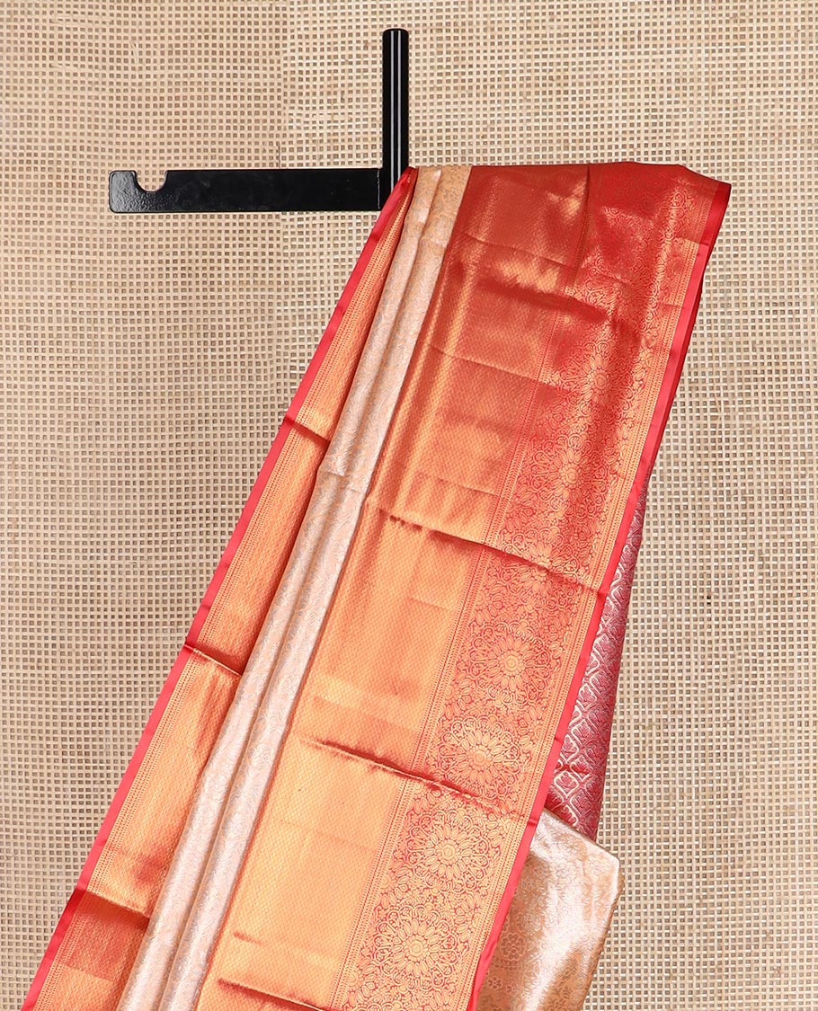 Cantaloupe orange zari jacquard budget silk saree, contrast traditional zari border, and ogee patterned pallu