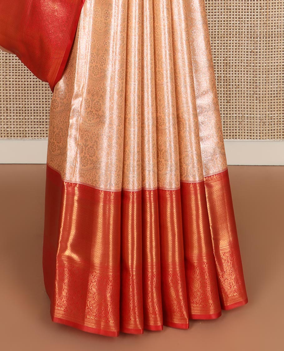 Cantaloupe orange zari jacquard budget silk saree, contrast traditional zari border, and ogee patterned pallu