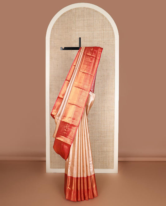 Cantaloupe orange zari jacquard budget silk saree, contrast traditional zari border, and ogee patterned pallu