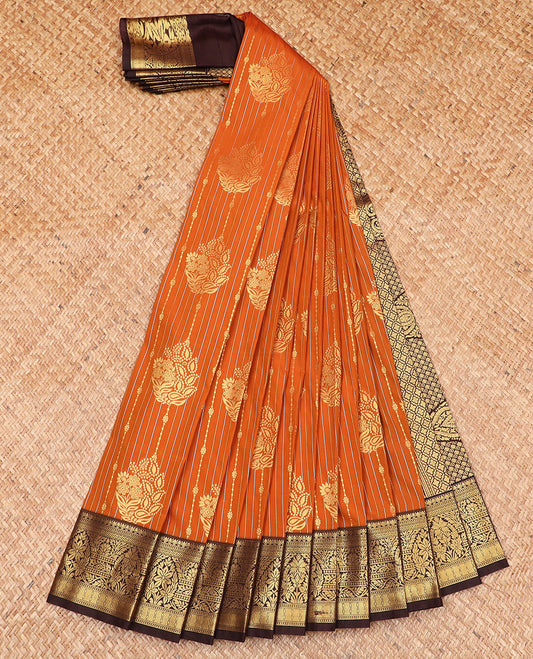 Orange floral zari design budget silk saree, contrast traditional zari woven border, and pallu of geometric and thilakam motifs