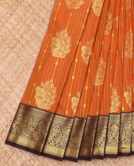 Orange floral zari design budget silk saree, contrast traditional zari woven border, and pallu of geometric and thilakam motifs