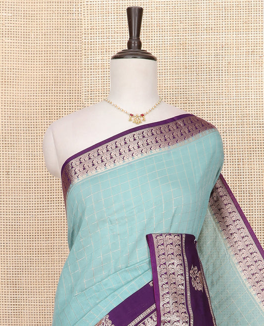 Blue zari checked Assam silk saree, contrast traditional zari border of peacock and floral designs, and pallu of zari stripes