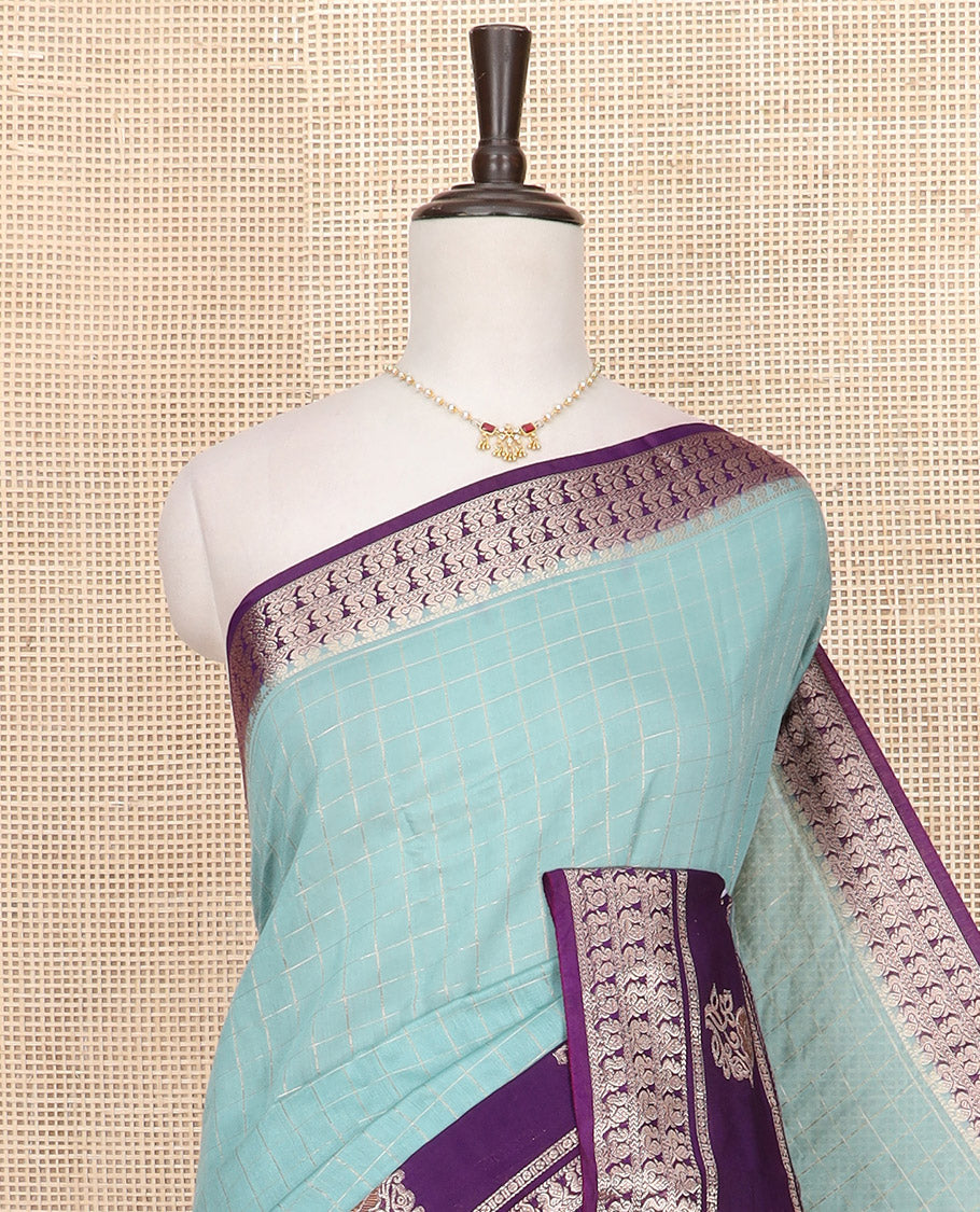 Blue zari checked Assam silk saree, contrast traditional zari border of peacock and floral designs, and pallu of zari stripes