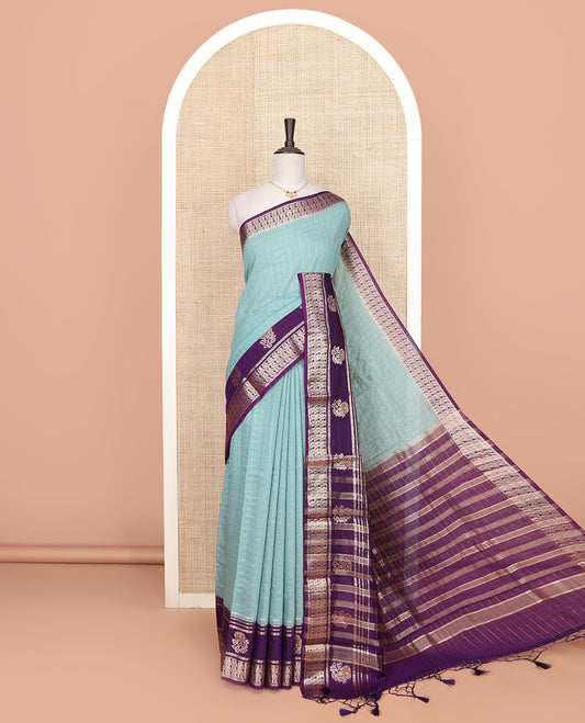 Blue zari checked Assam silk saree, contrast traditional zari border of peacock and floral designs, and pallu of zari stripes