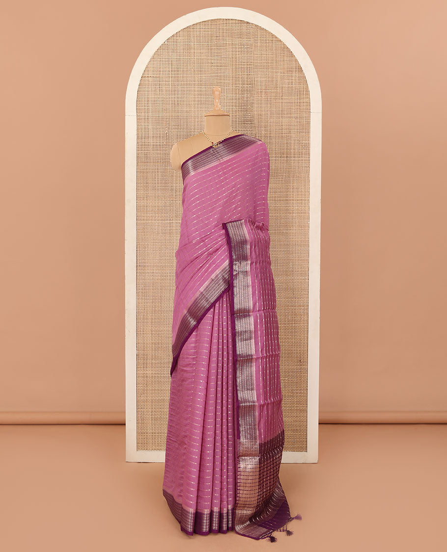 Pink horizontal striped Assam cotton saree, contrast traditional zari border, and zari striped pallu