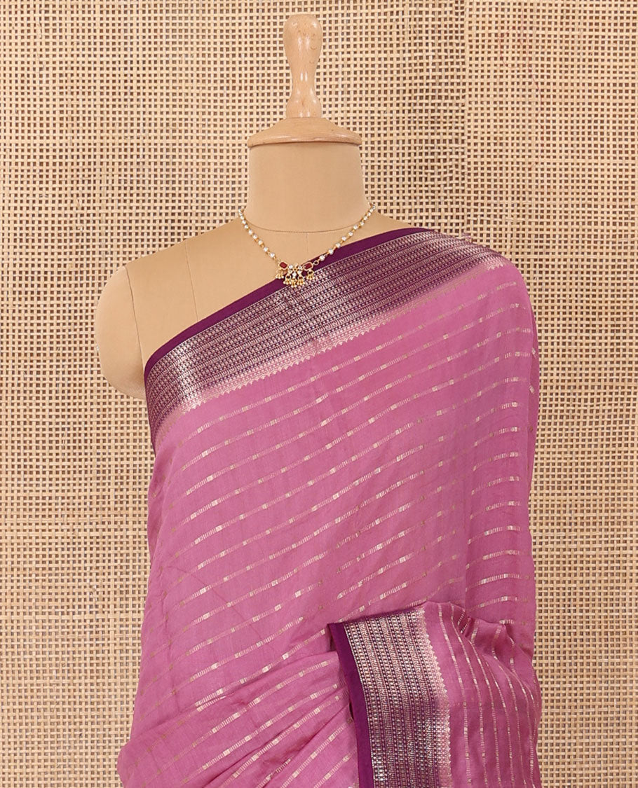 Pink horizontal striped Assam cotton saree, contrast traditional zari border, and zari striped pallu