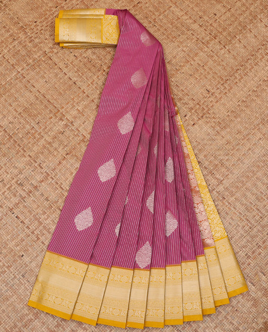 Pink striped and zari motifs budget silk saree, contrast traditional zari design border, and zari-rich jaal pallu