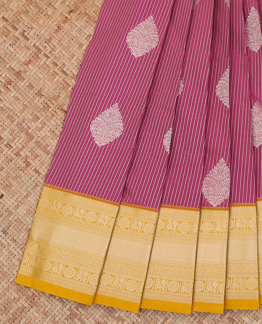 Pink striped and zari motifs budget silk saree, contrast traditional zari design border, and zari-rich jaal pallu