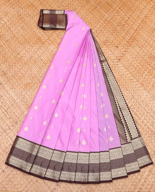 Pink Budget Silk Saree, Subtly Enriched with Zari Buttas on Its Body, Complemented by a Contrast Traditional Zari Design Border, Geometric-Patterned Pallu, and Paired with a Contrast Blouse