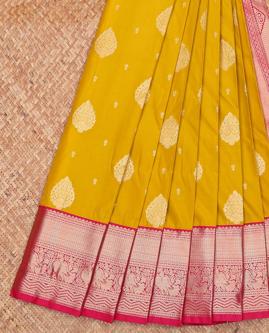 Yellow Budget Silk Saree, Spotlighted with Zari Buttas on Its Body, Complemented by a Contrast Traditional Zari Design Border, Intricately Designed Pallu, and Paired with a Contrast Blouse