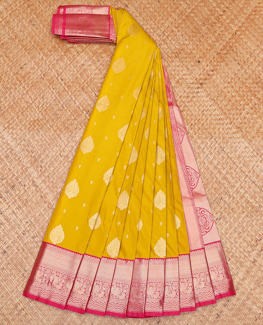 Yellow Budget Silk Saree, Spotlighted with Zari Buttas on Its Body, Complemented by a Contrast Traditional Zari Design Border, Intricately Designed Pallu, and Paired with a Contrast Blouse