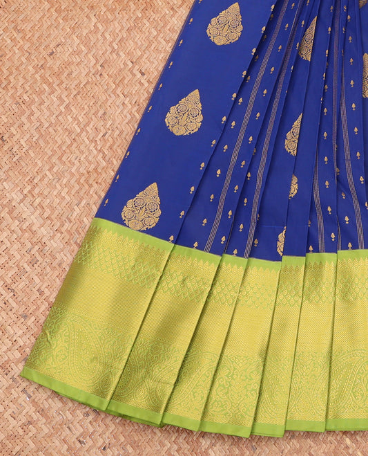 Blue Budget Silk Saree, Detailed with Zari Buttas and Stripes, Complemented by a Contrast Traditional Zari Border, Jaal Pallu, and Contrast Blouse