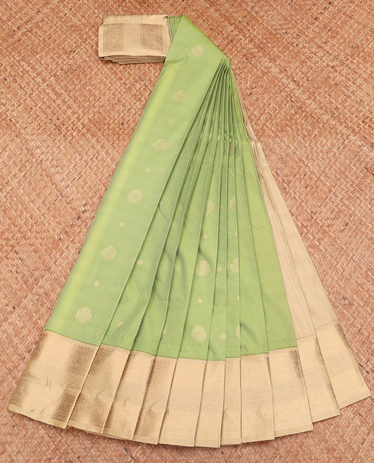 Green Budget Silk Saree, Crafted with Zari Buttas, Complemented by a Contrast Traditional Zari Border, Sparsely Woven Pallu, and a Contrast Blouse