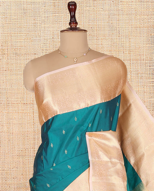 Blue Budget Silk Saree, Detailed with Zari Buttas on Its Body, Complemented by a Contrast Traditional Zari Design Border, Intricately Designed Pallu, and Paired with a Contrast Blouse