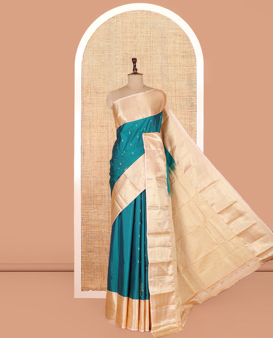 Blue Budget Silk Saree, Detailed with Zari Buttas on Its Body, Complemented by a Contrast Traditional Zari Design Border, Intricately Designed Pallu, and Paired with a Contrast Blouse