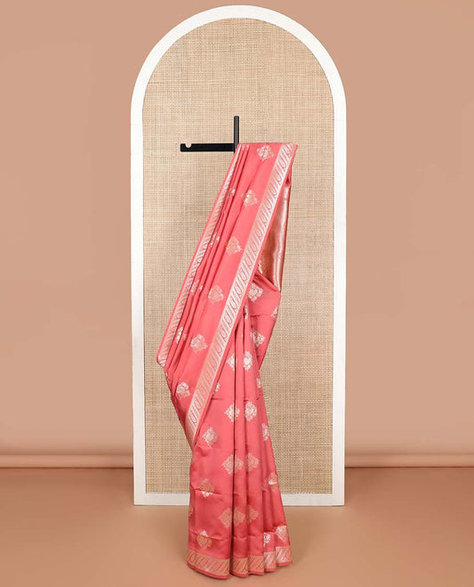 Peach motifs butter silk saree with self floral zari design border & floral design pallu