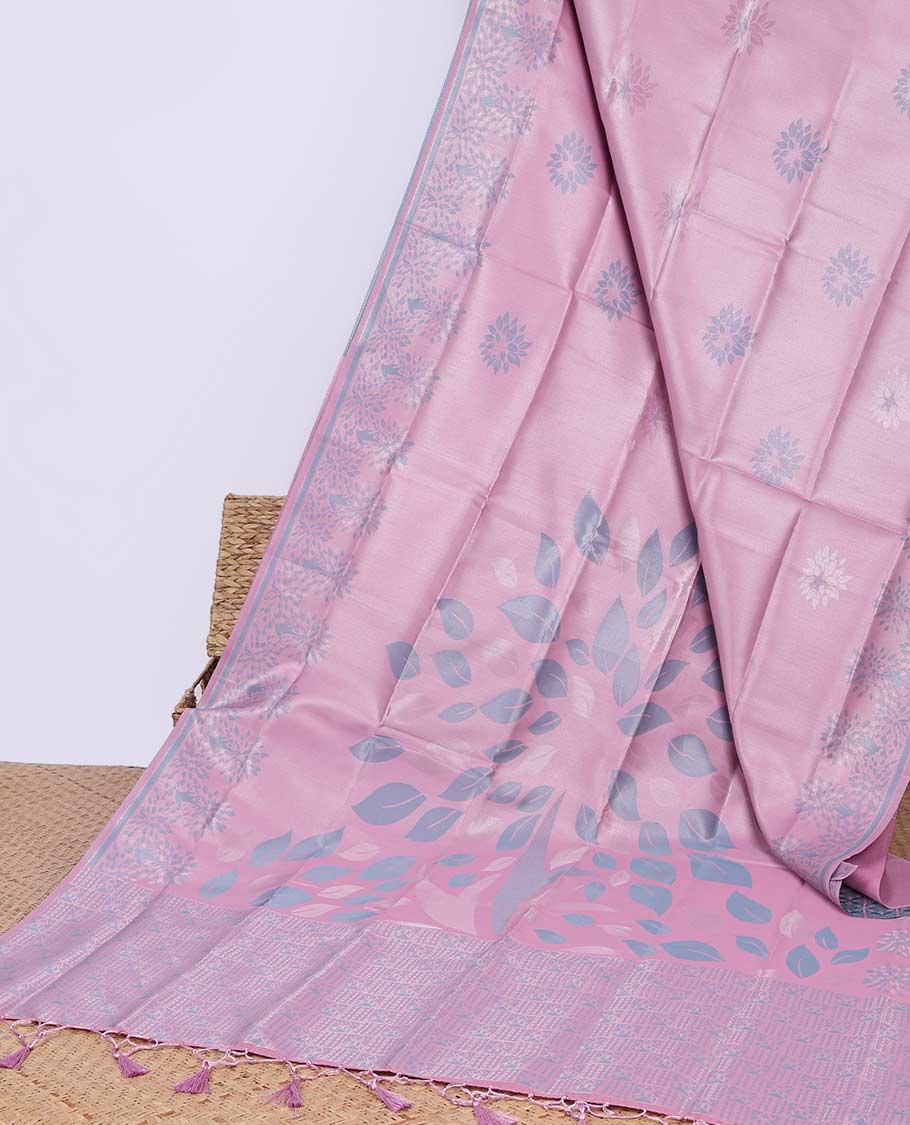 Peach floral printed butter silk saree with self-floral border & intricate design pallu