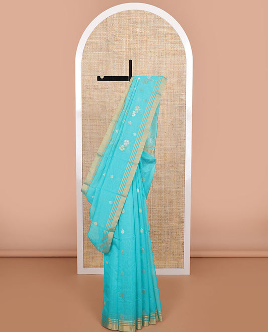 Blue motifs chanderi cotton saree with contrast traditional zari design border & floral design pallu