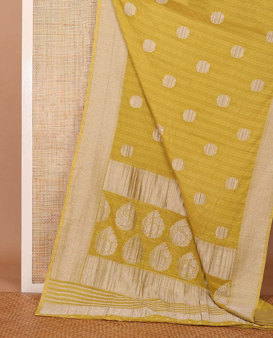 Yellow rose buttas woven fancy crepe saree, traditional zari border & intricate pallu