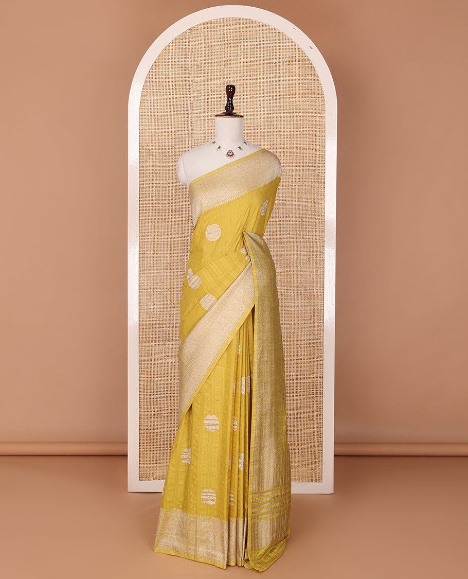 Yellow rose buttas woven fancy crepe saree, traditional zari border & intricate pallu