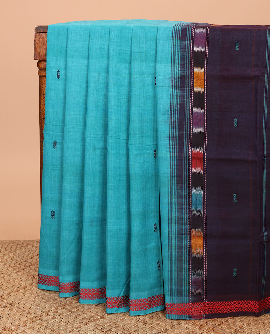 Blue buttas enclosed checked Andhra cotton saree, thread motifs woven border, and contrast thread woven pallu