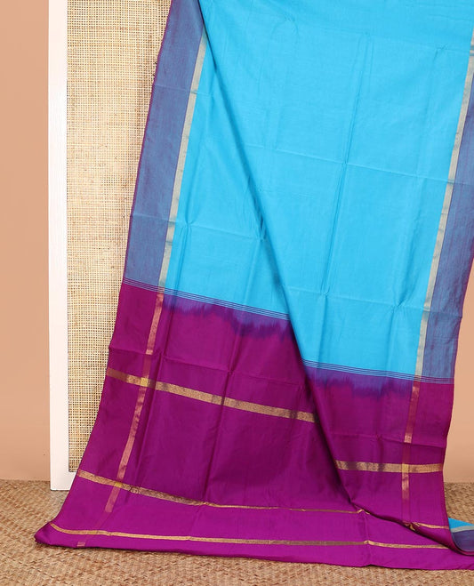Blue Plain Poly Cotton Saree, Complemented by a Contrast Striped Border, Contrast Striped Pallu, and Paired with a Contrast Blouse