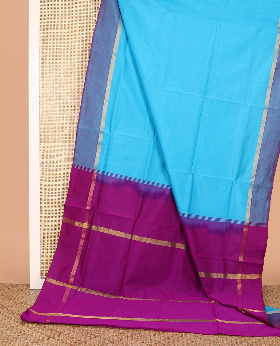 Blue Plain Poly Cotton Saree, Complemented by a Contrast Striped Border, Contrast Striped Pallu, and Paired with a Contrast Blouse