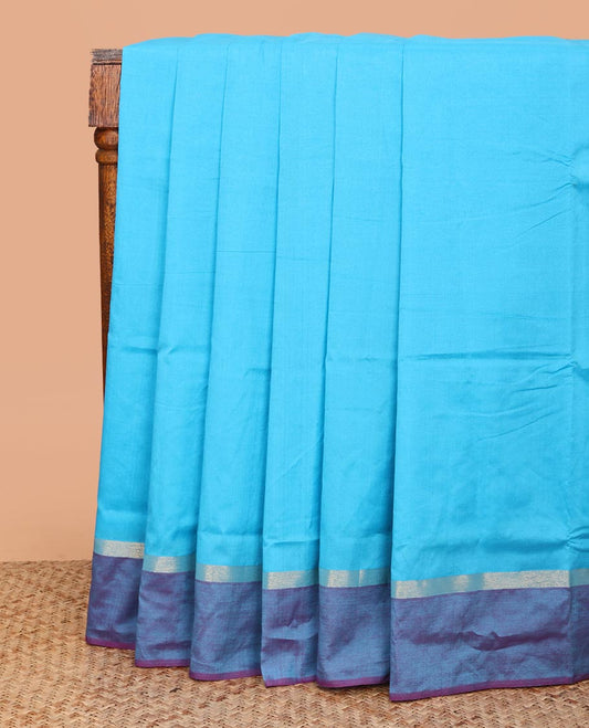 Blue Plain Poly Cotton Saree, Complemented by a Contrast Striped Border, Contrast Striped Pallu, and Paired with a Contrast Blouse