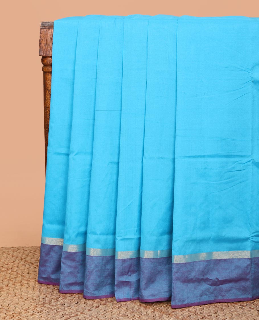 Blue Plain Poly Cotton Saree, Complemented by a Contrast Striped Border, Contrast Striped Pallu, and Paired with a Contrast Blouse