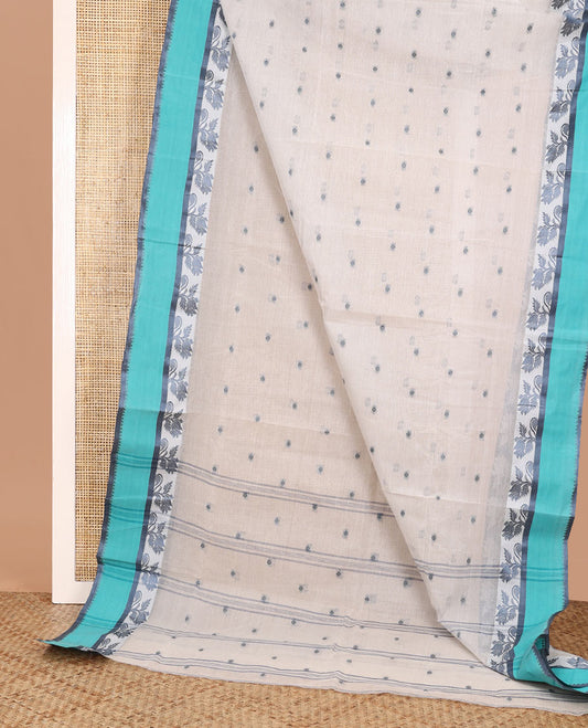 Off-white buttas Bengal cotton saree, contrast border of floral designs, and pallu of stripes and buttas