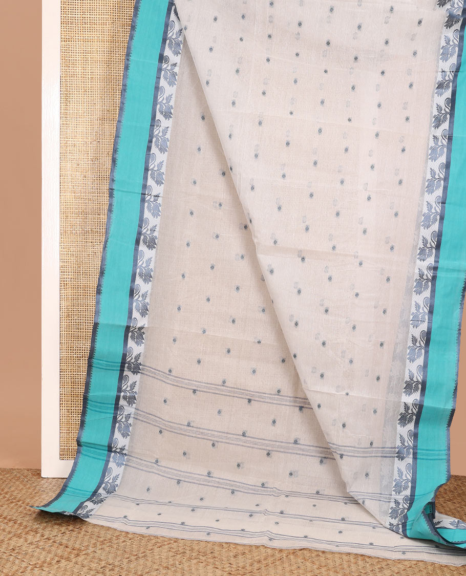 Off-white buttas Bengal cotton saree, contrast border of floral designs, and pallu of stripes and buttas