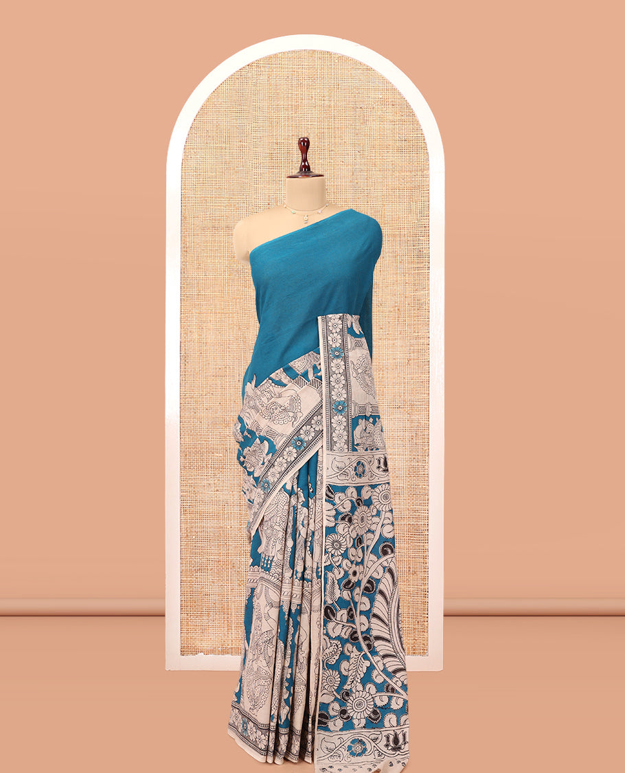 Blue Kalamkari Cotton Saree, Accentuated with Ancient Human Motif Print, Complemented By Printed Border, Kalamkari Peacock Motifs Pallu, and a Contrast Blouse