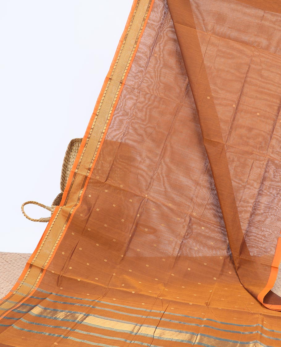 Orange buttas Vengatagiri cotton saree with contrast zari border & zari striped pallu