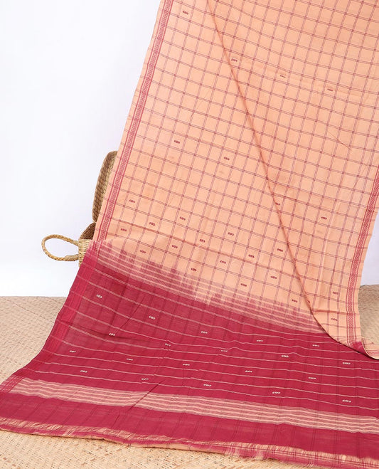 Sandal checked & buttas Andhra cotton saree, unique design border & contrast striped pallu 