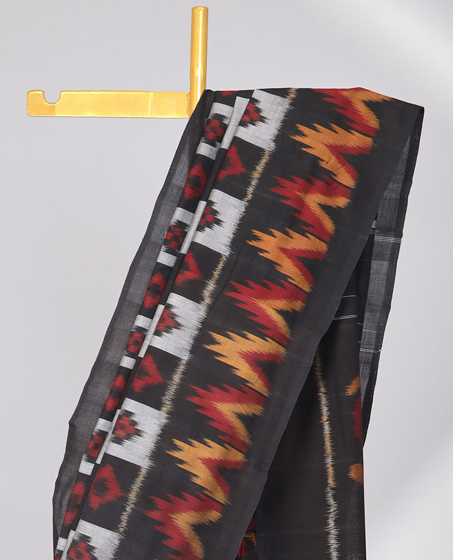 Black striped with motifs ikkat cotton saree with self plain border & peacock design pallu