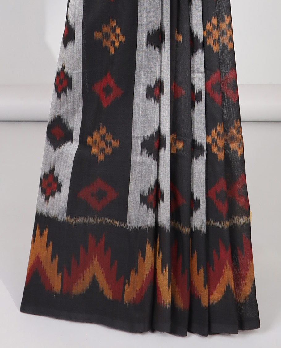 Black striped with motifs ikkat cotton saree with self plain border & peacock design pallu