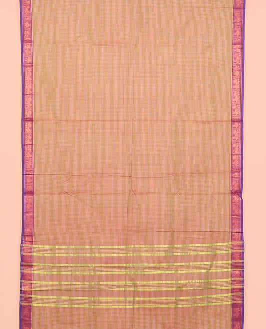 Orange Checked Nine Yard Cotton Saree, Complemented by Contrast Peacock Design Border, Pallu of Stripes, and Comes Without a Blouse