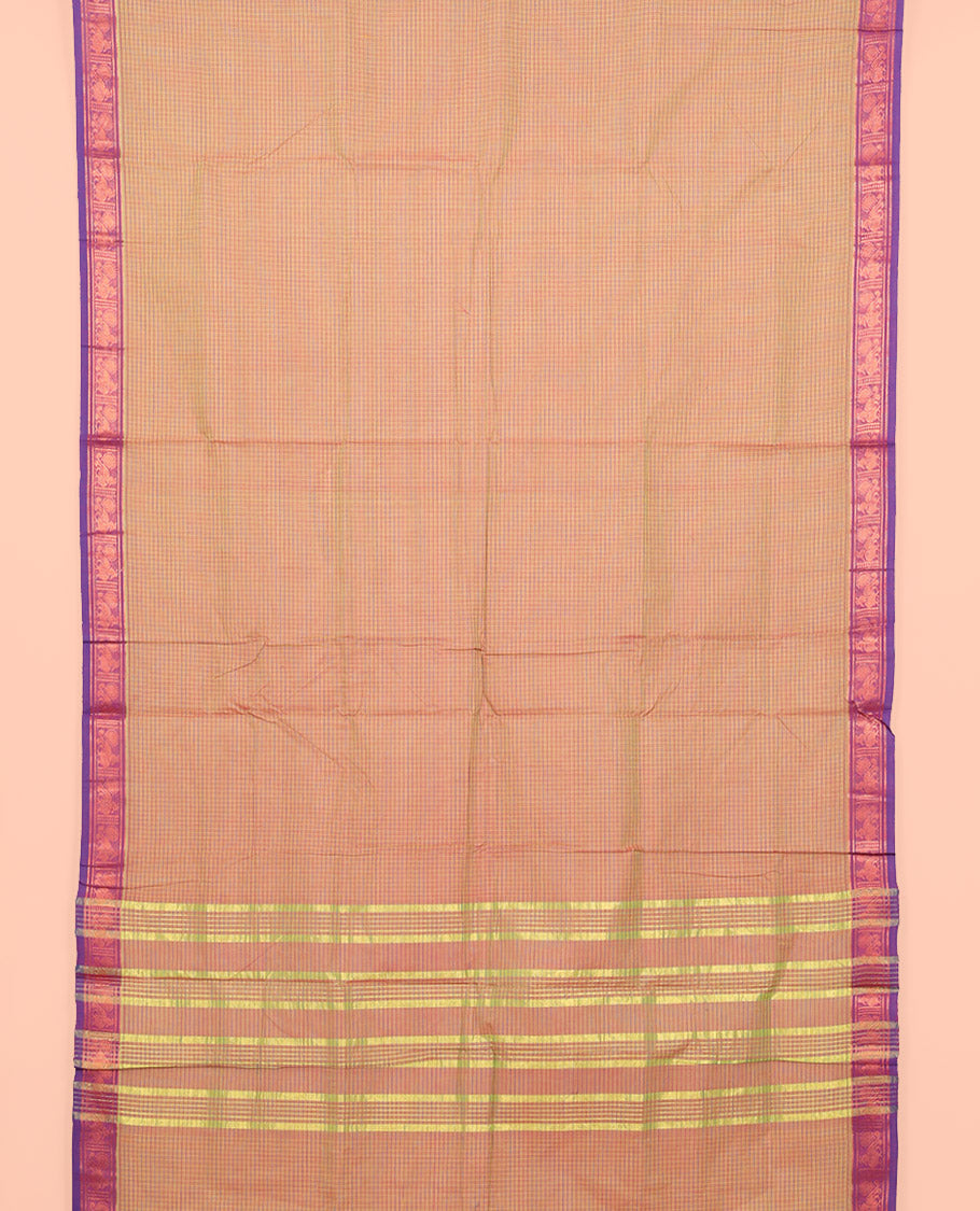 Orange Checked Nine Yard Cotton Saree, Complemented by Contrast Peacock Design Border, Pallu of Stripes, and Comes Without a Blouse