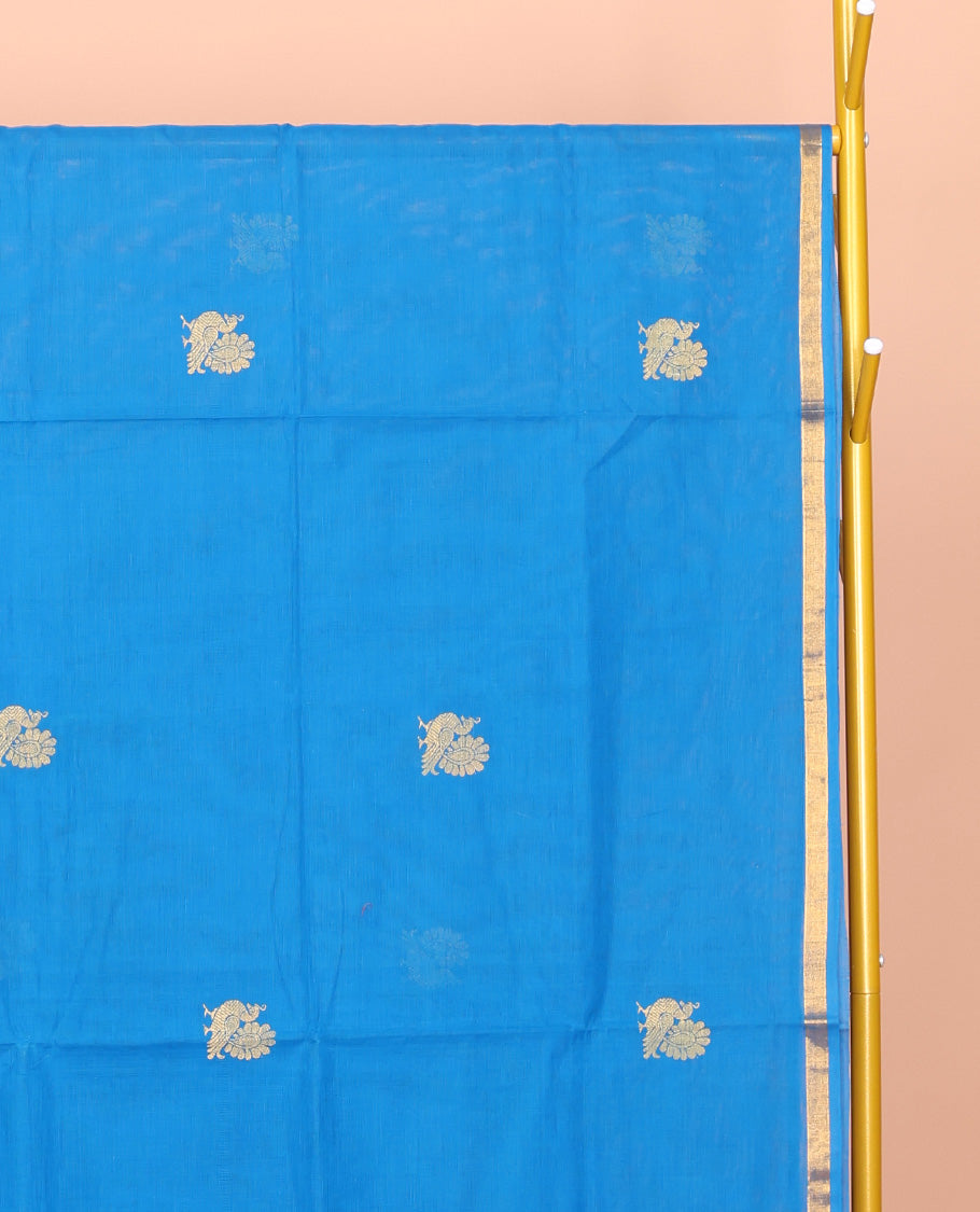 Blue Venkatagiri Cotton Saree, Adorned with Peacock Buttas, a Contrast Traditional Zari Border, Pallu of Stripes and Buttas, and No Blouse