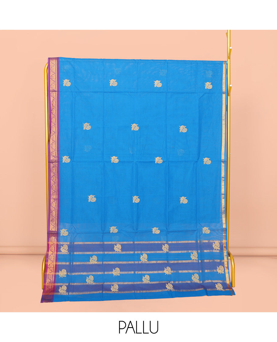 Blue Venkatagiri Cotton Saree, Adorned with Peacock Buttas, a Contrast Traditional Zari Border, Pallu of Stripes and Buttas, and No Blouse